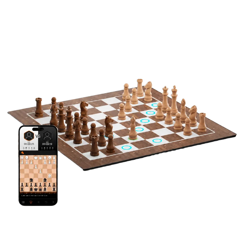 GoChess Pro Classic with carved wooden pieces, the app on a phone beside it